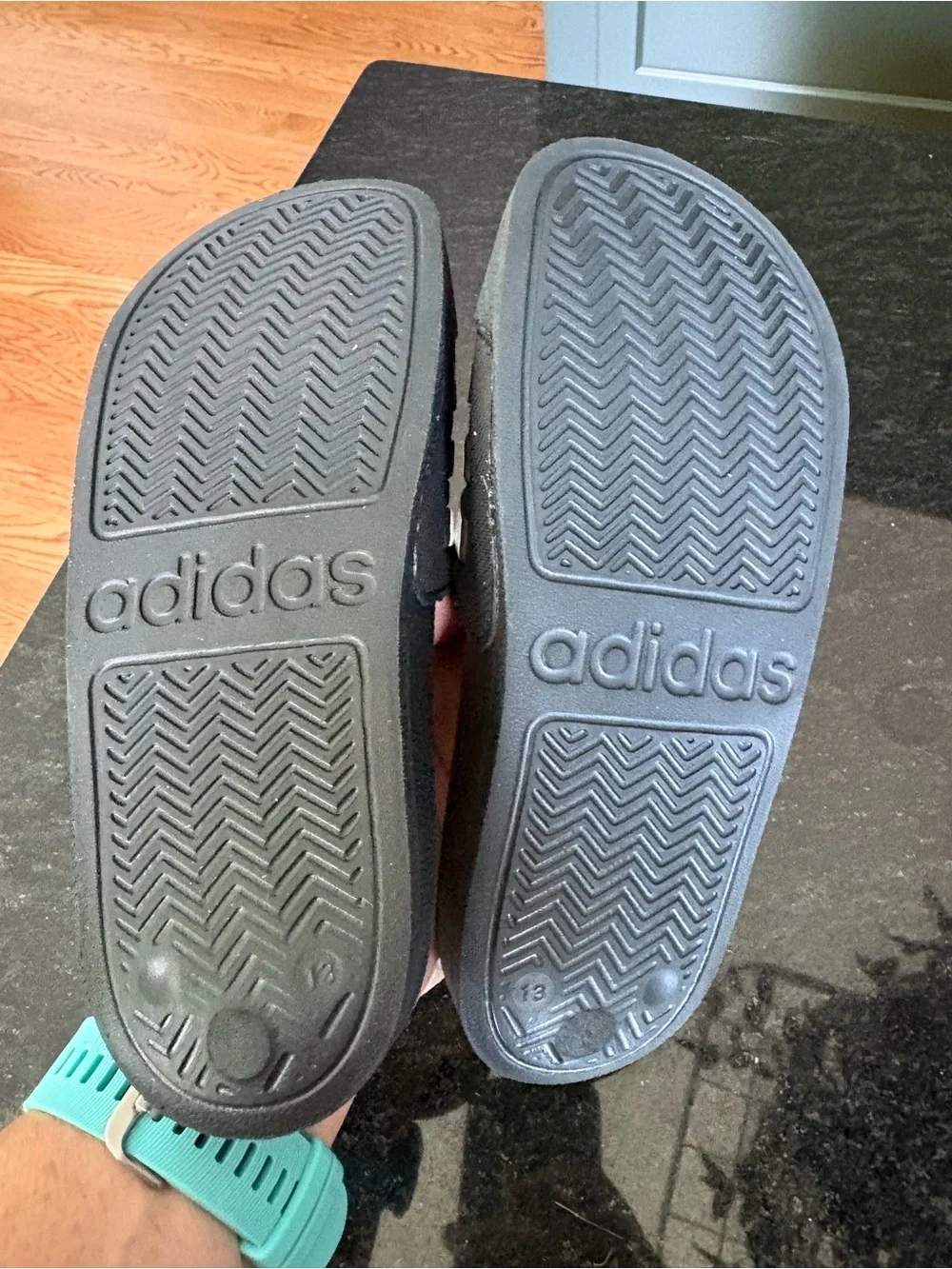 adidas Kids Black Slide Sandals with White Stripes and Logo 13
